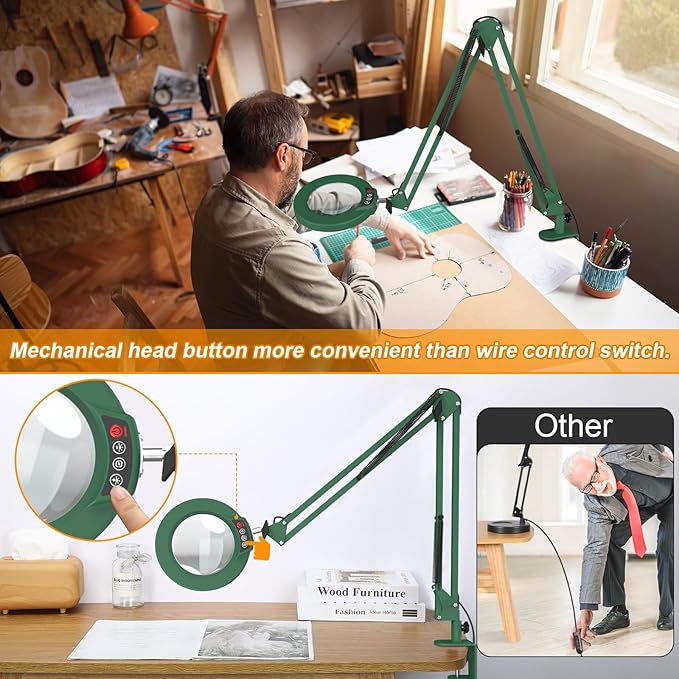 12X Large Magnifying Glass with Light and Clamp, Real Glass, 5 Color Modes, Stepless Dimmable, 2 x 16 Inch Adjustable Swing Arm Stand Desk Lamp, LED Lighted Magnifier Hands Free for Close Work - Green