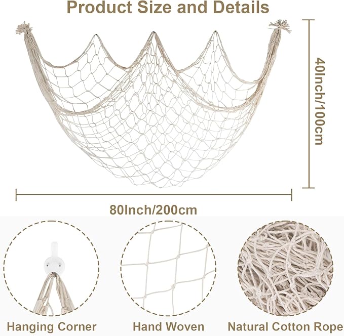 3 Pack Fish Net Decorations - 80x40 Inch Beige Fishing Net Decor for Priate Under The Sea Hawaiian Beach Themed Party, 3mm Thick Natural Cotton Nautical Netting for Party Wall Table Ceiling Decor