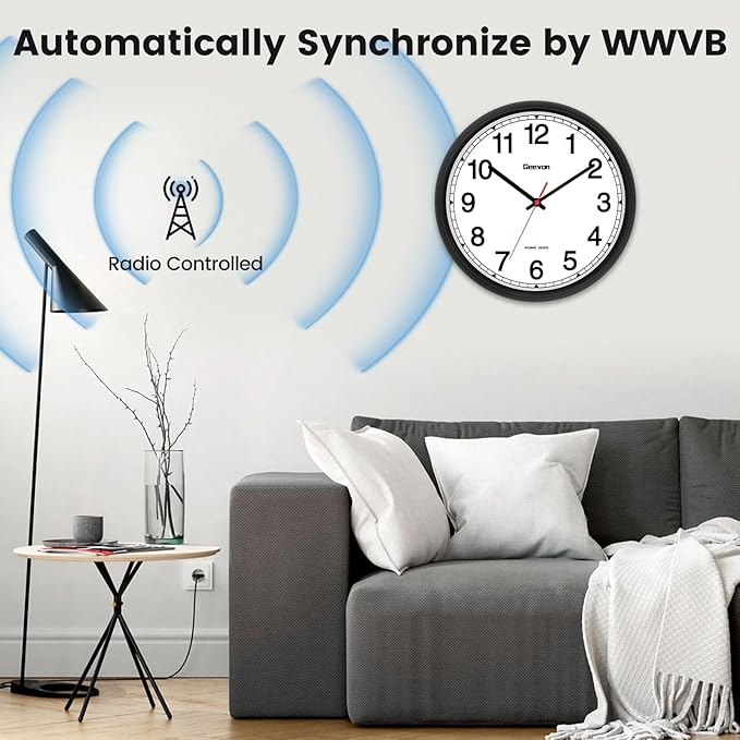 Geevon 16 Inch Atomic Wall Clock - Self-Setting Analog Clock with Automatic Time Sync - Battery Operated for Home Office School - Black Frame