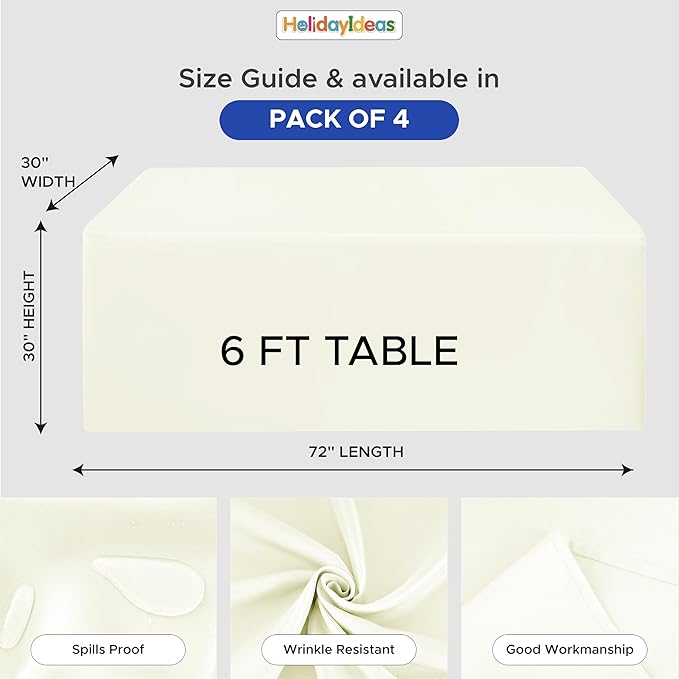 HolidayIdeas Fitted Tablecloths for 6 Foot Rectangle Table, Wrinkle Resistant Washable Table Cover 30x72 Inch for Vendor Booth Display, Banquet, Trade Show, Beige, 4 Pcs