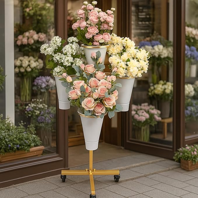 DYALE Flower Display Stand with Buckets - Flower Cart with Wheels for Bouquet Shop, Metal Flower Rack Display Stand for Wedding Garden, Party, Events (Gold, Round buckets)