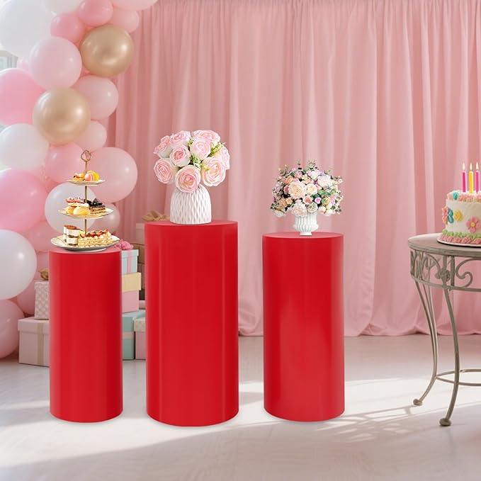 OUKANING 3 PCS Metal Display Pedestal Stands, Cylinder Red Display Stands Pillars, Decoration Cube Sculpture Display Column for Wedding Party Baby Shower Birthday, H27.56'', 26'', 23.62''