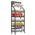 5 Tier Snack Rack Display Stand, Metal Retail Display Rack with Wheels and 15 Hooks, Snack Cart Organizer for Supermarkets Convenience Stores Home Kitchens