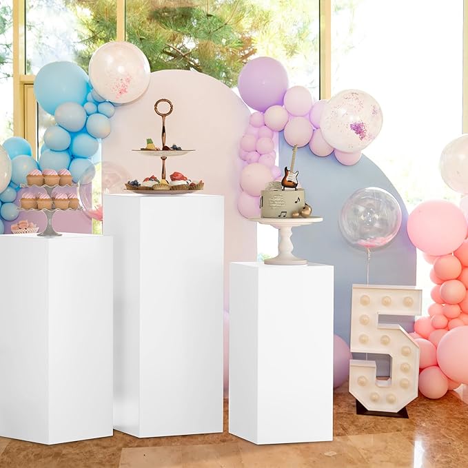 Cylinder Pedestal Stands for Party 3Pcs Metal Cylinder Stands for Parties Square Pedestal Display Plinth Pillars for Wedding Birthday Party Backdrop Decor, White
