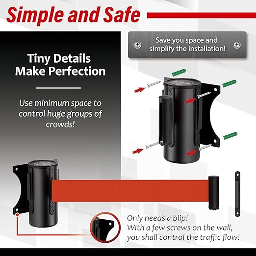 DuraSteel Wall Mount Crowd Control Retractable Belt Barrier - 9.2 Ft Red Retractables Barrier Belt, Crowd Control Barriers Do Not Enter Line Dividers for Crowds NOT Stanchions with Retractable Belts
