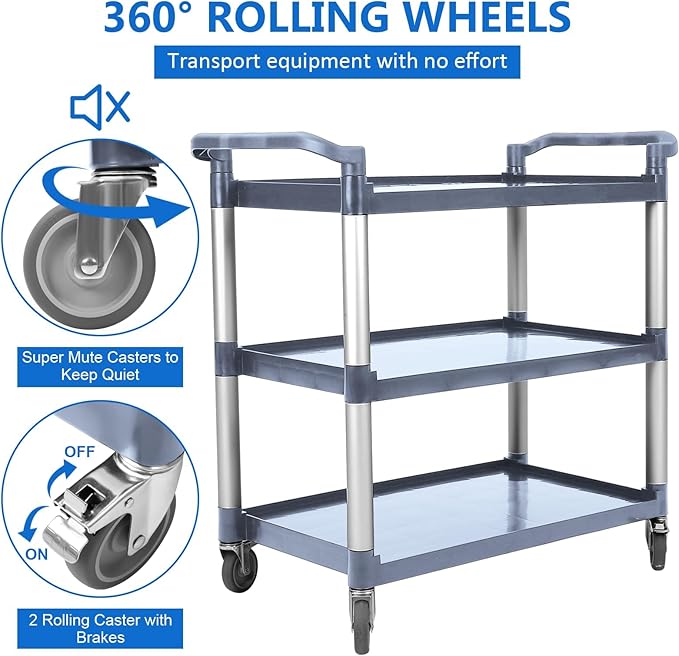 3-Tier Heavy Duty Rolling Cart with 360° Lockable Wheels, 120lbs Per Shelf Storage Utility Cart for Kitchen, Restaurant，and Office Use, Multifunctional Storage,Grey