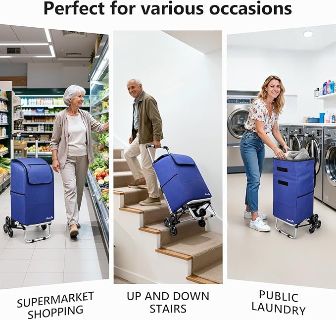 KEDSUM 2 in 1 Aluminum Alloy Stair Climbing Cart, 300LBS Grocery Cart on Wheels, Foldable Shopping Carts with Waterproof Oxford Blue Bag for Groceries, Lightweight & Durable Aluminum Frame