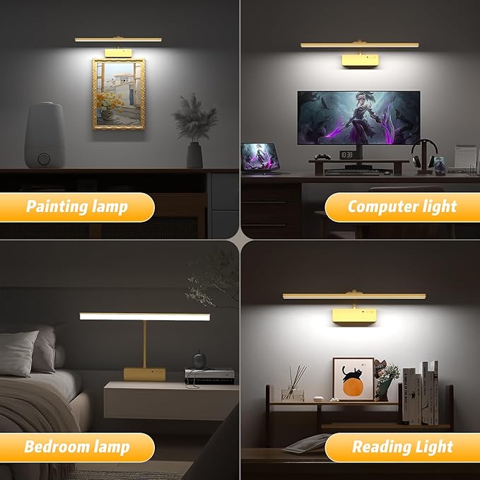 Lightbiz Picture Light, 20inch 6000mAh Rechargeable Picture Lights for Wall Battery Operated Wall Lights with Remote, 3 Colors Paintings Light Dimmable Art Light for Artwork, Gallery (Gold)