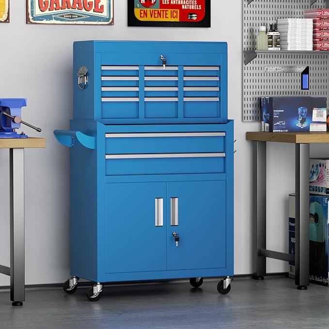 Superday Metal Tool Chest, 8 Drawer Rolling Tool Chest with Wheels, Detachable Tool Storage Cabinet with Lock for Garage, Steel Tool Cart with Liner & Hooks for Workshop, Warehouse (Blue)