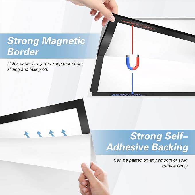 Relx 12 Pack Magnetic Sign Holder 11 x 17 Wall Mount, Self Adhesive Frames for Walls, Clear PVC Magnetic Picture Frame with Magnet Strip Border for Office, Home, Store, Restaurant Display