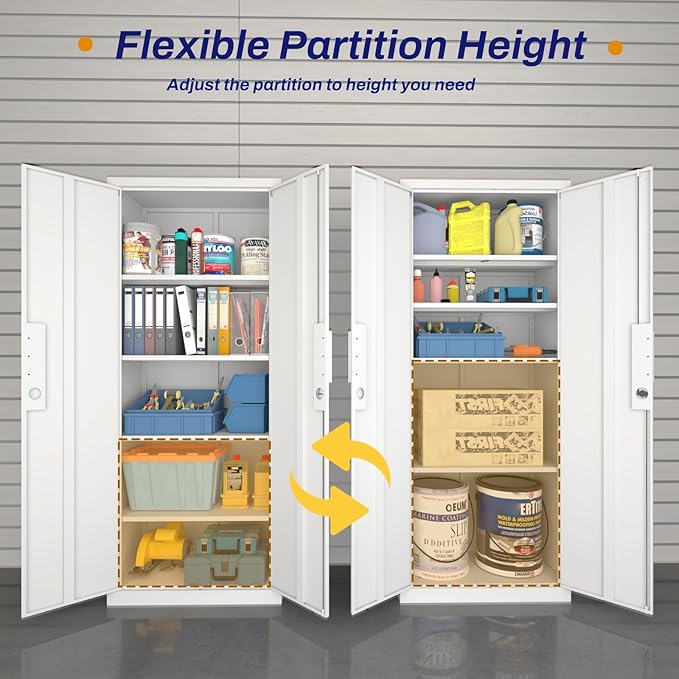 LUCYPAL Metal Garage Storage Cabinet with 2 Doors and 4 Adjustable Shelves - 70.8" Steel Locking Storage Cabinet,Garage Cabinets for Office,Home,Garage,Gym,School (White)