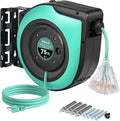 Retractable Cord Reel, 75 FT Heavy Duty Extension Cord, 14AWG/3C SJTOW, 3 Grounded Outlets Lighted Triple Tap, 10A Circuit Breaker, Wall/Ceiling Mounted, UL Listed, Light Green A75CR06