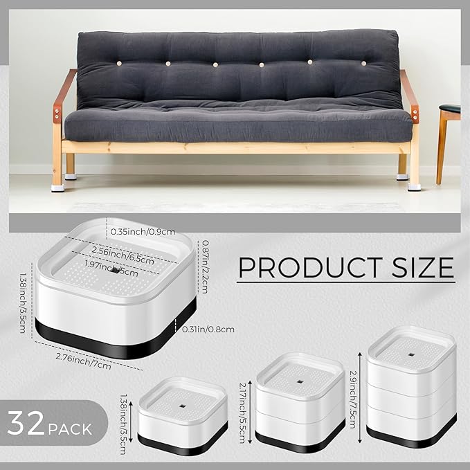 Ecally Furniture Risers Adjustable Bed Risers Desk Leg Risers 1.38" Stackable Heavy Duty Bed Lifts Risers Square Bed Raising Blocks for Mattress Table Leg Desk Chair Couch Sofa Dorm (White,32 Pack)