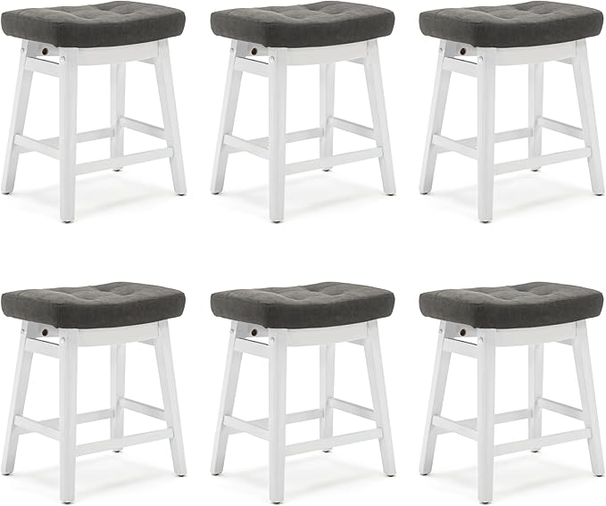 Counter Height Bar Stools Set of 6 for Kitchen Counter Farmhouse Modern Barstools with Faux Leather Upholstered Backless Seat and Solid Wood Legs 24 inch Bar Chairs, Grey + White