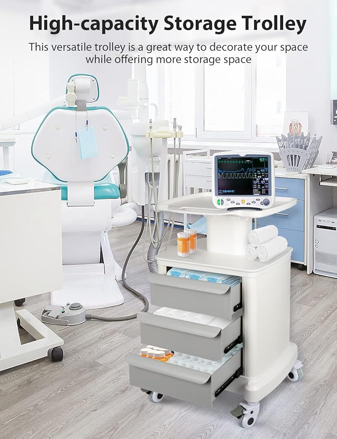Mobile Trolley Cart for Portable Ultrasound Imaging Scanner Vehicle Trolley Beauty Storage Cart 110 LBS Load with 3 Drawers 4 Wheels for Hospital Office Bedroom Medical Clinic