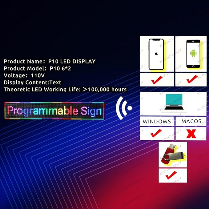 XSGD P10 Scrolling LED Sign WiFi Programmable LED Display, Outdoor IP65 Waterproof Digital Message Display Board, Customizable Neon Sign Open Signs for Business Advertising Store Restaurants 77"X14"