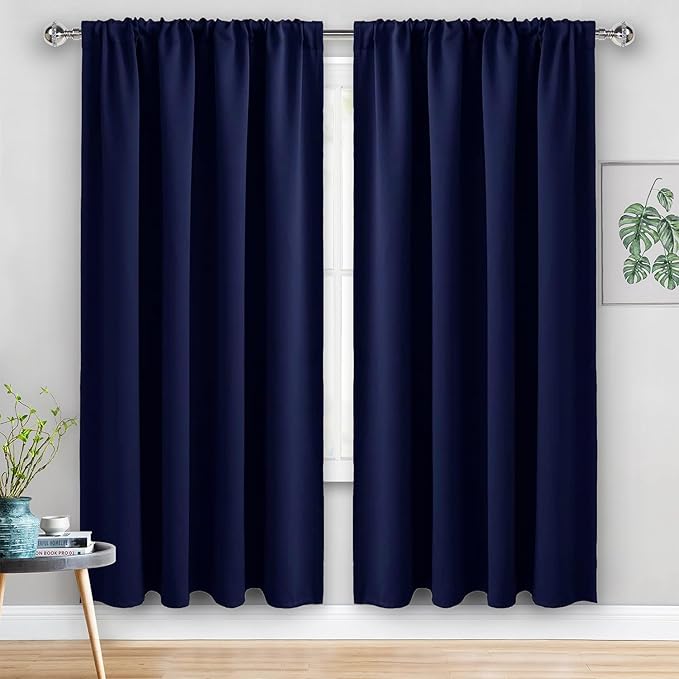 JIUZHEN Blackout Curtains for Bedroom - 60 Inch Extra Wide Thermal Insulated Room Darkening Privacy Soundproof Curtains for Living Room/Dorm Room, Set of 2 Panels, 60 x 72 inches, Navy Blue