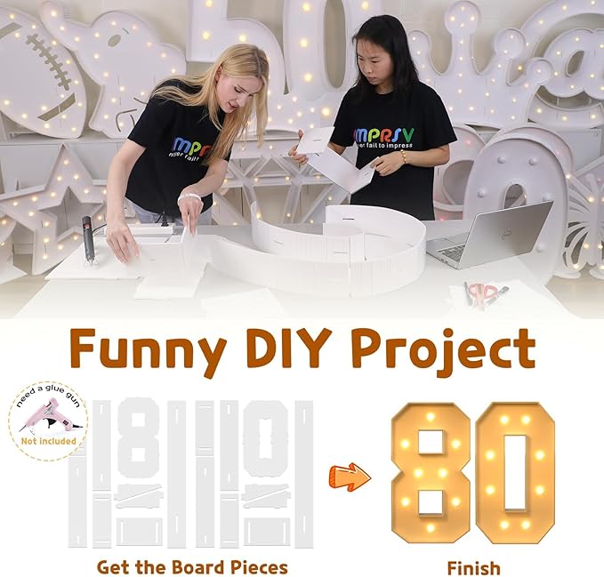 imprsv 3FT Light Up Numbers, Marquee Numbers 80th Birthday Decorations for Women Men, Large Light Up 80 Birthday Women Foam Board Anniversary Party Decorations Arch Kit (DIY)