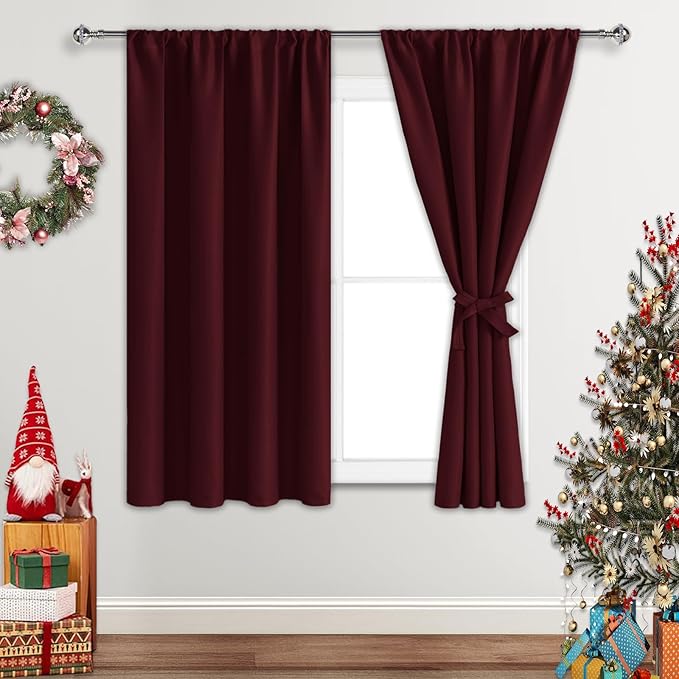 JIUZHEN Blackout Curtains for Bedroom - Thermal Insulated Noise Reducing Privacy Short Curtain for Bathroom Living Room, Set of 2 Panels with Tiebacks, 42 x 54 inches Long, Burgundy