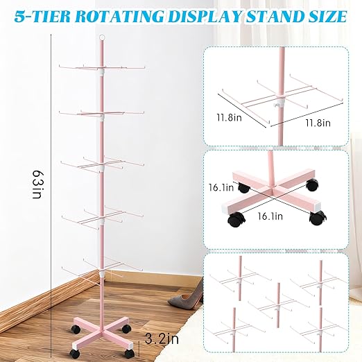 Ripeng 2 Pcs 5‑Tier Retail Display Stand – Rotating Display Rack with Wheels for Jewelry Keychains Socks Hats – Adjustable Movable Shop Spinner for Craft Shows Vendor Events & Stores Accessories, Pink