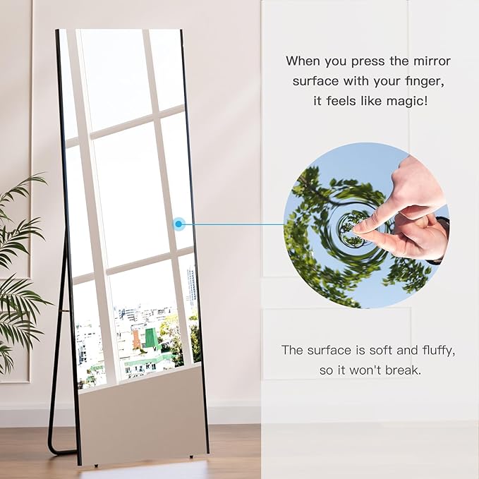 brisafe Full Length Mirror with Stand, 65"x22" Super Lightweight Glassless Home Full Floor Mirror, Oversized 0.04mm Nano-Film Gym Mirror, White