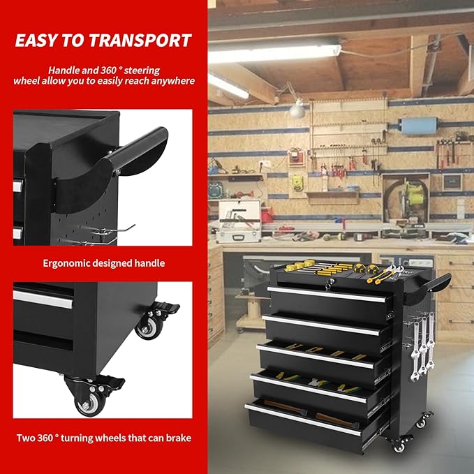 5-Drawer Tool Chest on Wheels, Rolling Metal Toolbox with Wheels & Drawers, Tool Cart Cabinet, Suitable for Garage, Moving/Gift/Daily Use