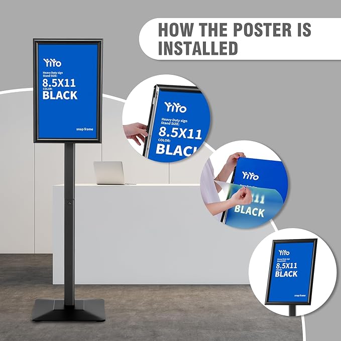 YIYO Sign Stand Poster Stand，adjustable heavy duty pedestal Sign Holder Floor Stand，aluminium frame floor standing for display 8.5*11 inch，Black (8.5*11 Black)