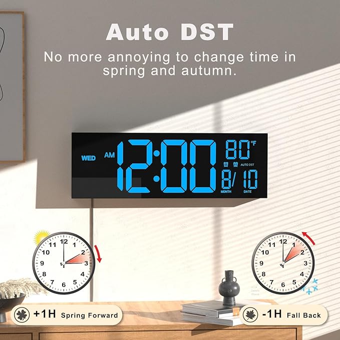 JALL 13" Large Digital Wall Mount Clock, Count Down Timer, Alarm, Big LED, DST, Temperature for Living Room Classroom Desk, Xmas, Birthday Gift for Senior Mom Dad, Blue