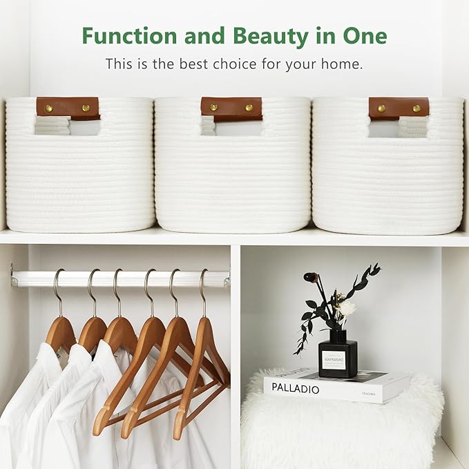 Cotton Rope Basket, Storage Baskets with Handle, 15x10x9 Inch Woven Basket for Shelves, Laundry, Towels, Clothes, Books (White 1Pack)