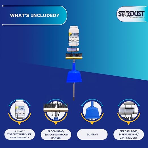STARDUST Spill Products Spill Clean Up Kit - Wall Mount Spill Kit with 5-Qt Dispenser, Steel Rack, Broom Handle + Head, Dustpan, (10) Disposal Bags, Screw Anchor & Zip Tie Mounts Spill Response Kit