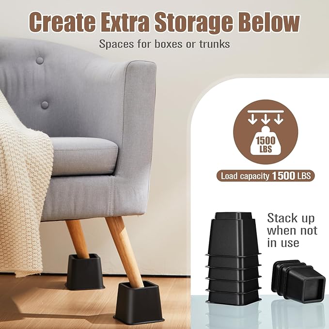 Bed Riser/Furniture Lift Bed/Bed risers/Furniture Lifter/Table risers/Frame Risers Create Under Bed Storage Heavy Duty for Furniture Height Adjustment (Black 6 Pack, 8 Inch)