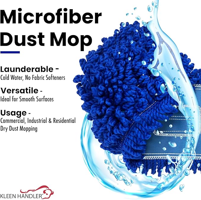 KLEEN HANDLER 48 Inch Microfiber Dust Mop, X-Large Washable Commercial, Sweeper, Janitorial Head Replacement, Push Mop Broom, Blue