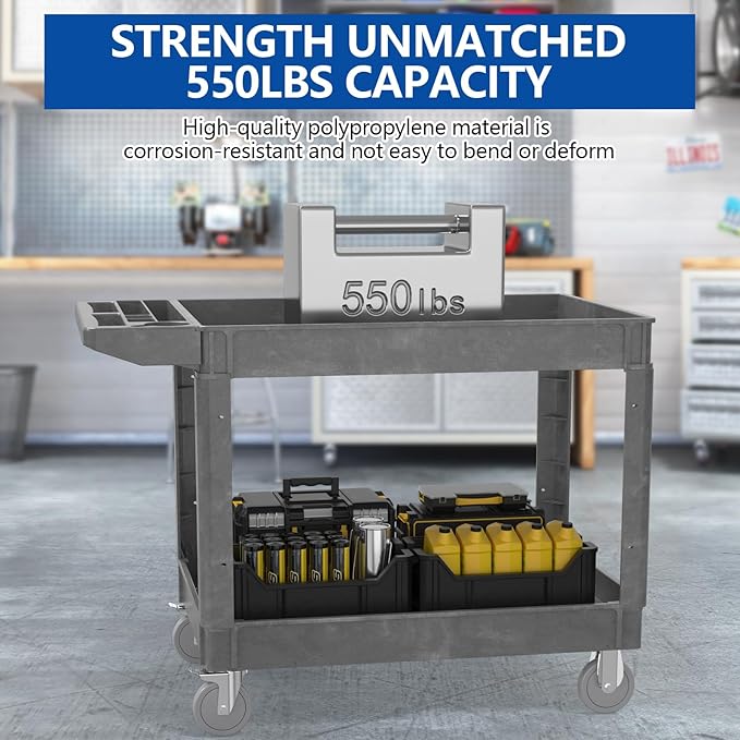 550LBS Utility Cart, 2-Tier 46x25 Inch Utility Cart with Wheels,Heavy Duty Service Cart-Lipped Shelves,Ergonomic Storage Handle and Swivel Wheels for Warehouse, Garage, Cleaning,Gray