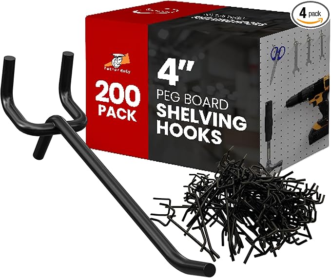 FactorDuty 200 Pack 4" Length Steel Black PEG Board Pegboard Shelving Hooks Wholesale Lot 20 lbs PEG Hooks Organizer Tools for Craft Storage, Garage, Kitchen, Tools and More