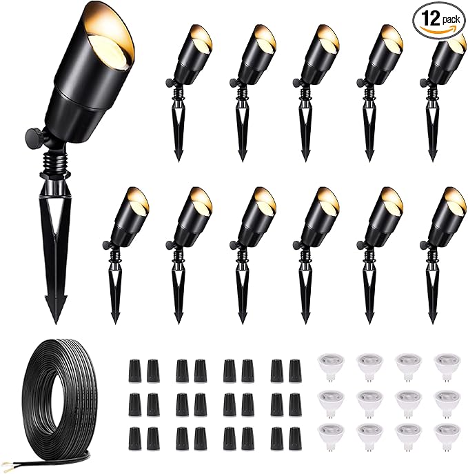 Black Outdoor LED Landscape Lights Kit, with 12 Pack 12V Low Voltage Spotlight and 250FT Cable and 40 Wire Connectors, Waterproof Aluminum Spotlights for Home Patio, Without Transformer