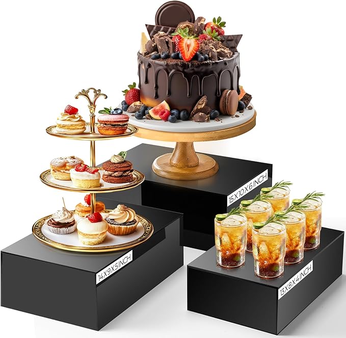 3 Pack Extra Large Acrylic Buffet Risers - 15”, 14”, 13” Black Display Stands with Hollow Bottoms, Cube Riser Boxes Nesting for Dessert Food Catering Buffet Display Party Supplies