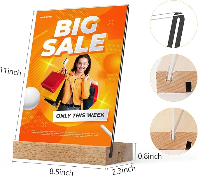 TONICE 5x7 Acrylic Sign Holder with Wood Base 6 Pack L/T Shape Vertical or Slant Back Display for Wedding, Restaurant, Store, Office, Hotel