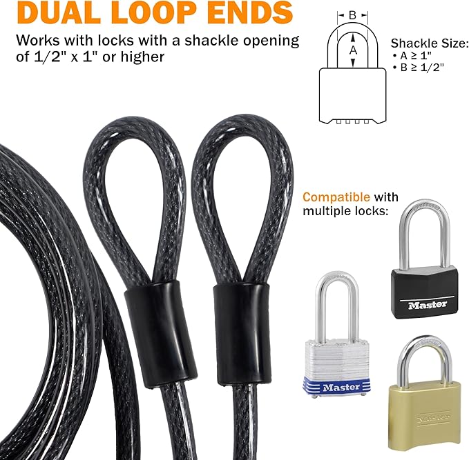 Lumintrail 12mm (1/2 inch) Heavy-Duty Security Cable, Vinyl Coated Braided Steel with Sealed Looped Ends (4', 7', 10', 15', 20', 25' or 30') (20-FT)