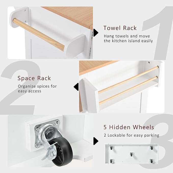 Kitchen Island with 2 Drop Leaf, Home Cart Island on Wheels Foldable Dining Table with Power Outlets,3 Drawers,Storage Cabinet, Tower Rack(White)