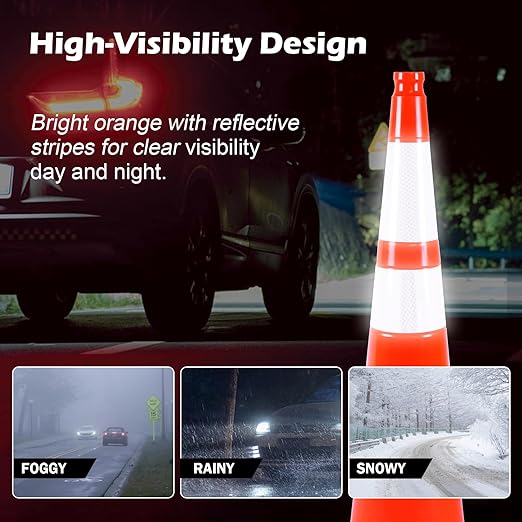 8 Pack 36 Inch Orange Reflective Traffic Cones, Large Black Base Safety Cones for Highway Construction, Crowd Control and Night Visibility (8, Orange, 36 Inch)