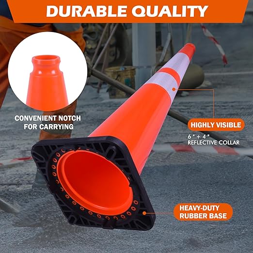 4 Pack 36 Inch Orange PVC Traffic Cones Black Base Stable Large Size, Highway Traffic Outdoor Construction Safety Warning Cones (4, Orange, 36 Inch)
