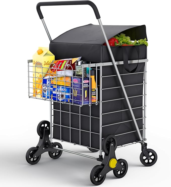 Stairs Climbing Shopping Cart w/Waterproof Basket Liner & 360° Swivel Wheels | Foldable Collapsible & Lightweight | Perfect for Groceries Laundry Utility Cart - Silver