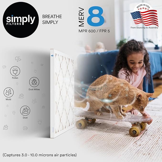 Simply 17x25x1 Air Filter, Merv 8, 6 Pack, For Home AC Furnace & HVAC (Actual Size: 16.75"x24.75"x0.75") DUST, Pet, & Allergy Control