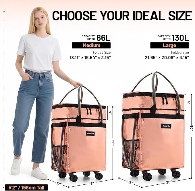 (Large) Fanwoli Reusable Grocery Bag on Wheels with Upgraded Wrinkle-Resistant Fabric | Enhanced Stability Wheels & Extended Handle | Foldable Shopping Trolley for Laundry, Carries Up to 130 L