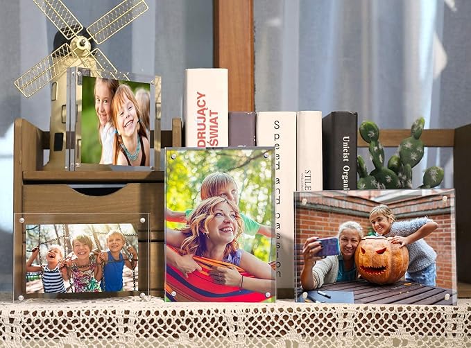ILYXY 3 Pack Acrylic Frame 5x5, 20% Thicker, 20mm Thick Frameless Clear Picture Frame, Double Sided Magnetic Photo Frame, Free Standing Desktop Display Stand Acrylic Picture Frames