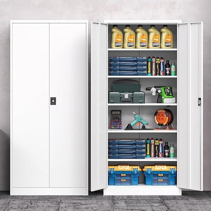 Metal Storage Cabinet with Lock,Lockable Garage Cabinet with 2 Doors and 5 Adjustable Shelves,Tall Steel Cabinets for Garage,Workshop,Gym,School