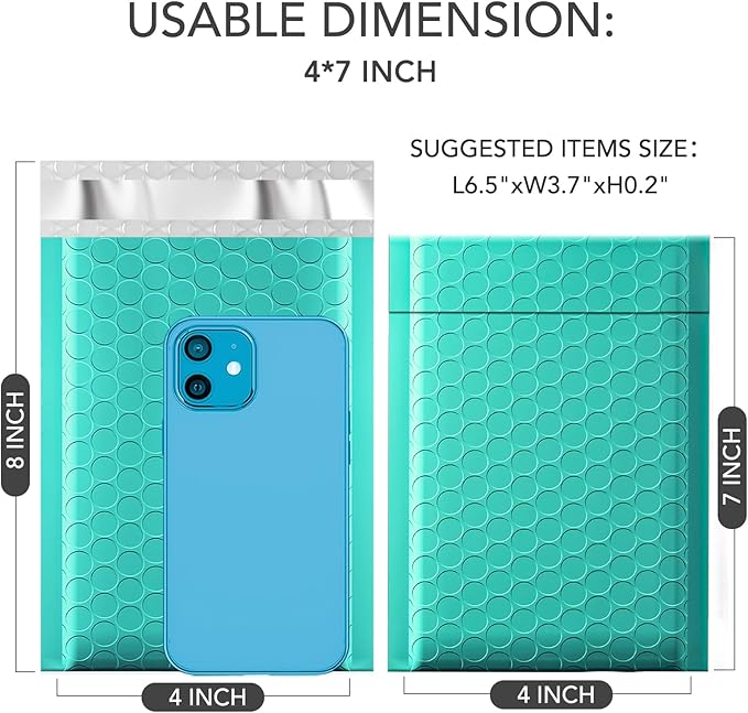 GSSUSA Teal Bubble Mailers 4x7 Small Padded Envelopes, 4000 Pack, Strong Adhesion Self-Seal Bubble Envelopes for Small Business