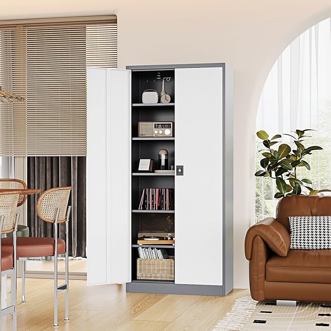Metal Storage Cabinet-72” Tall Steel File Cabinets with Lockable Doors and Adjustable Shelves-White&Gray Steel Storage Cabinet for Home Kitchen, Office, Garage
