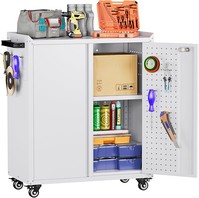 Garage Storage Cabinet with Wheels & Pegboard, 34.3" H Locking Metal Storage Cabinet with Doors and Shelf & 4 Hooks for Garage, Home, Workshops, Small Tool Cabinets, Assembly Required, White
