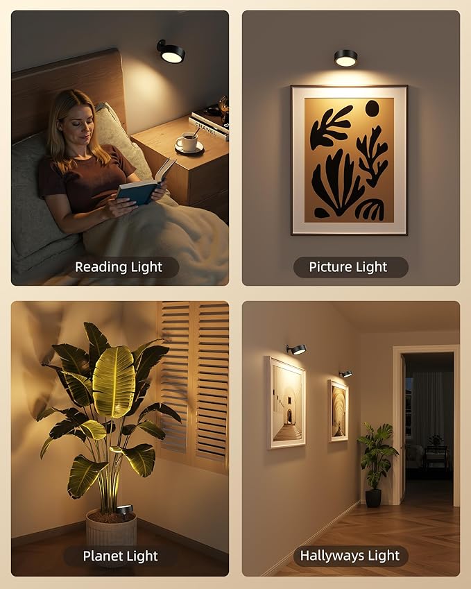 EZVALO LED Wall Mounted Lights, 5500mAh Rechargeable Wall Light Wall Sconces Lamp, 3 Color Temps & Remote and Touch Control, 360°Rotation Dimmable Cordless for Bedroom Reading Study Bedside (Black)